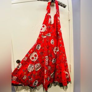 Fire engine red sugar skull halter dress 🔥